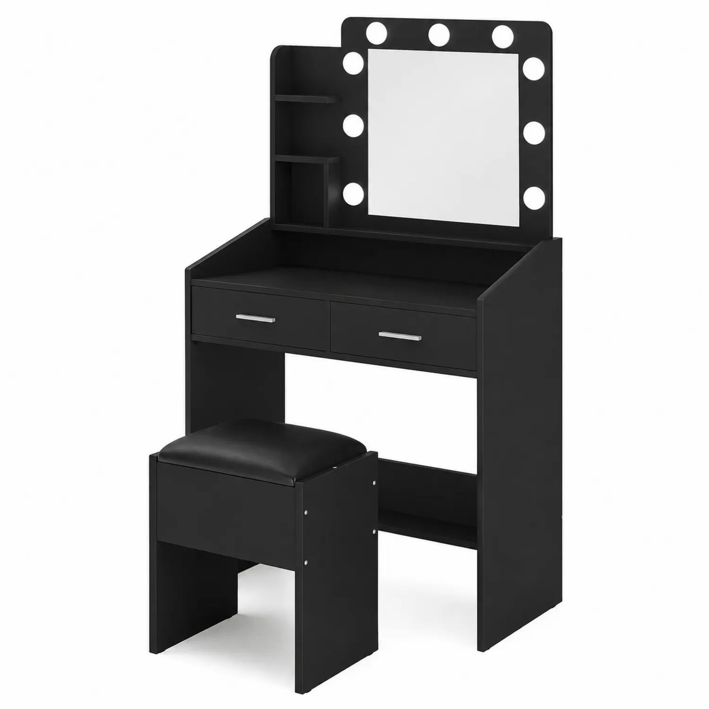 Schwarzer MDF Schminktisch Set mit Hocker, Spiegel und LED