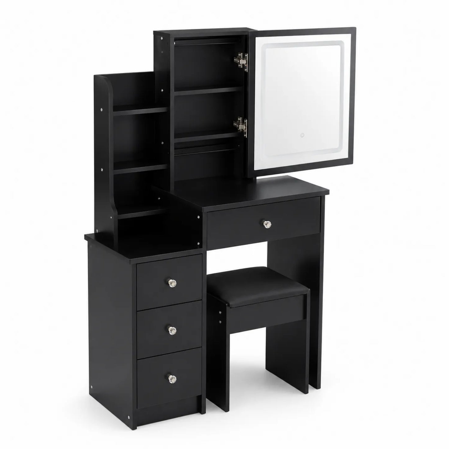 Schwarzer MDF Schminktisch mit Spiegel und Hocker