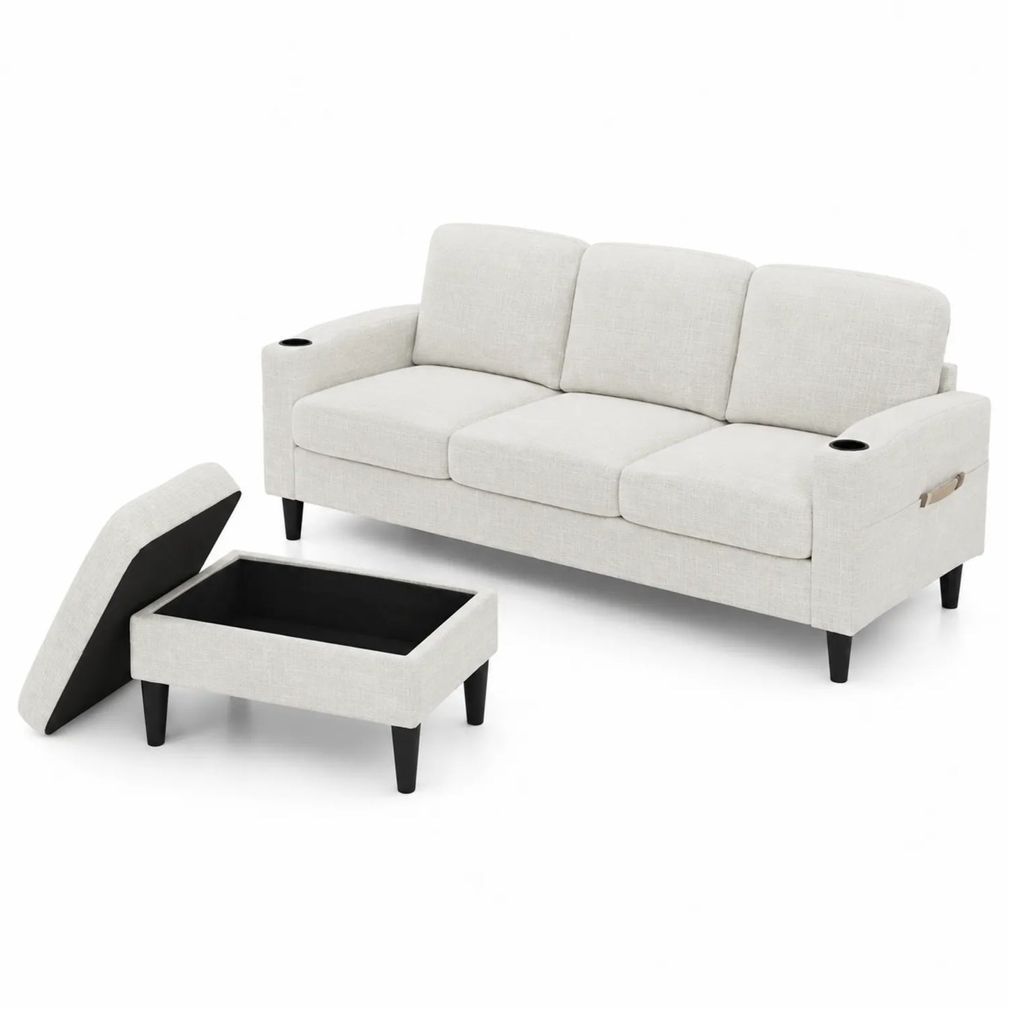 Beiges 3-Sitzer Sofa mit Aufbewahrungshocker