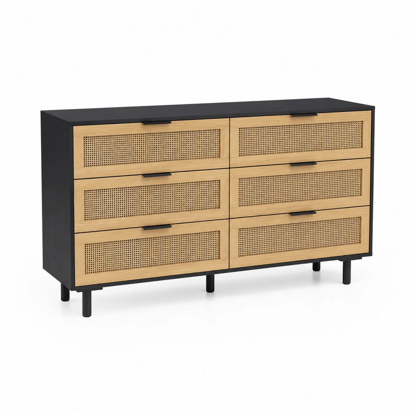 Kommode aus Holz und Rattan mit 6 Schubladen Schwarz/Natur