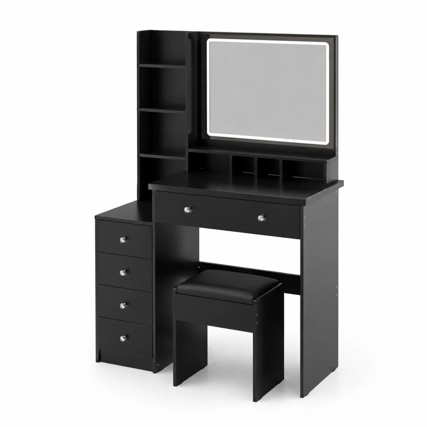 Schminktischset mit Spiegel und Hocker aus Holz in Schwarz