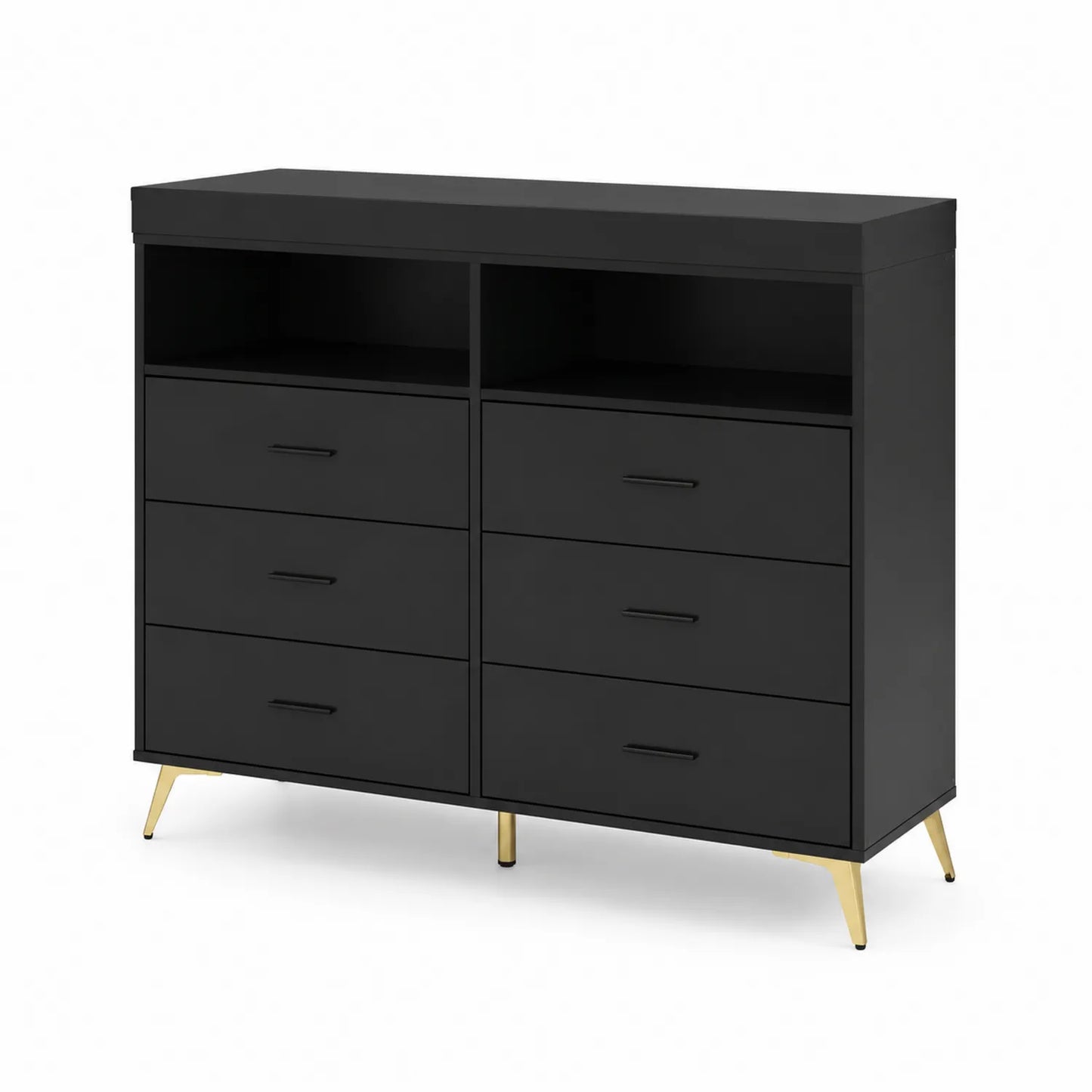 Schwarze MDF-Kommode mit Schubladen und offenen Fächern, Metallbeine, 120x40x95 cm