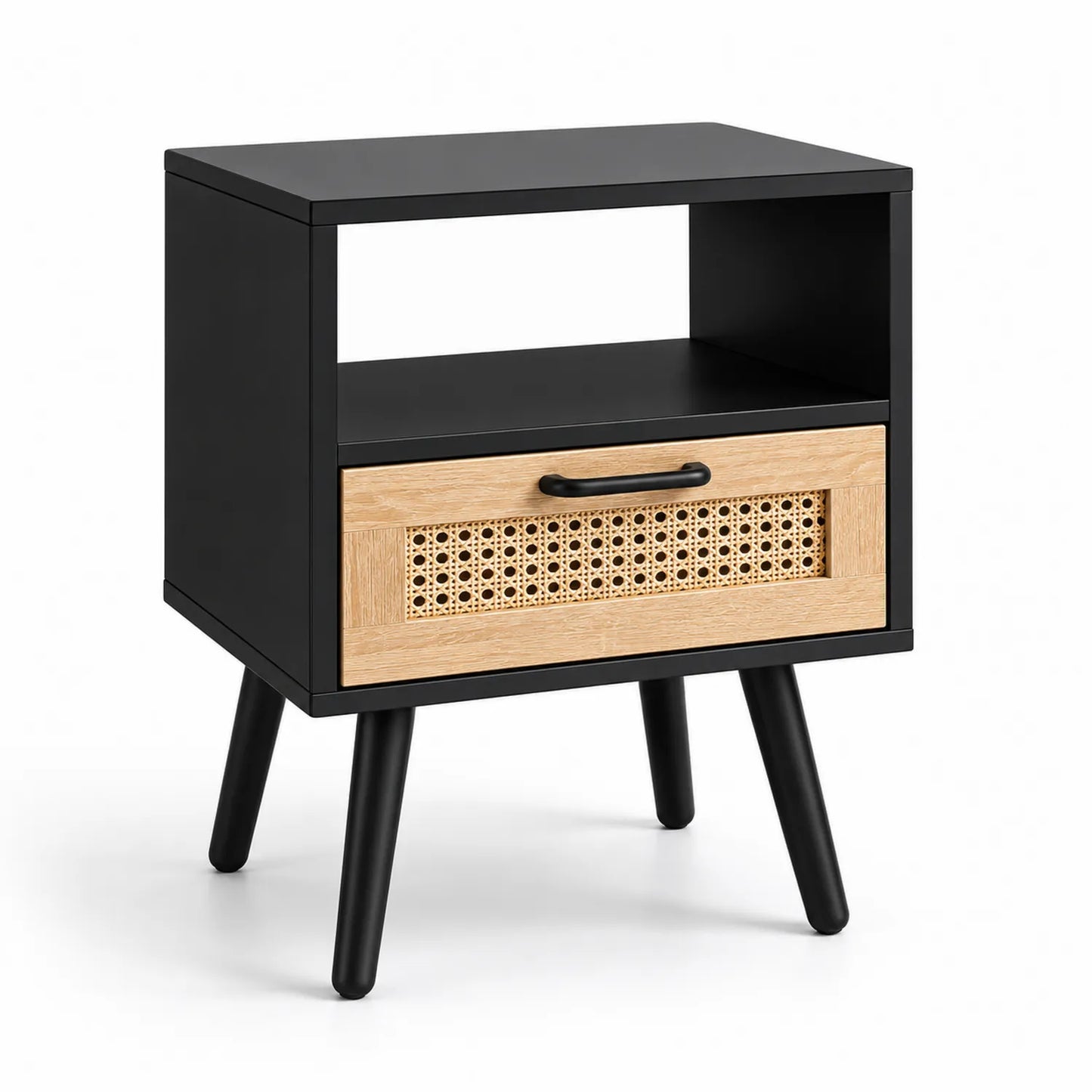 Nachttisch aus MDF und Rattan Schwarz und Naturholz 45x30x55cm
