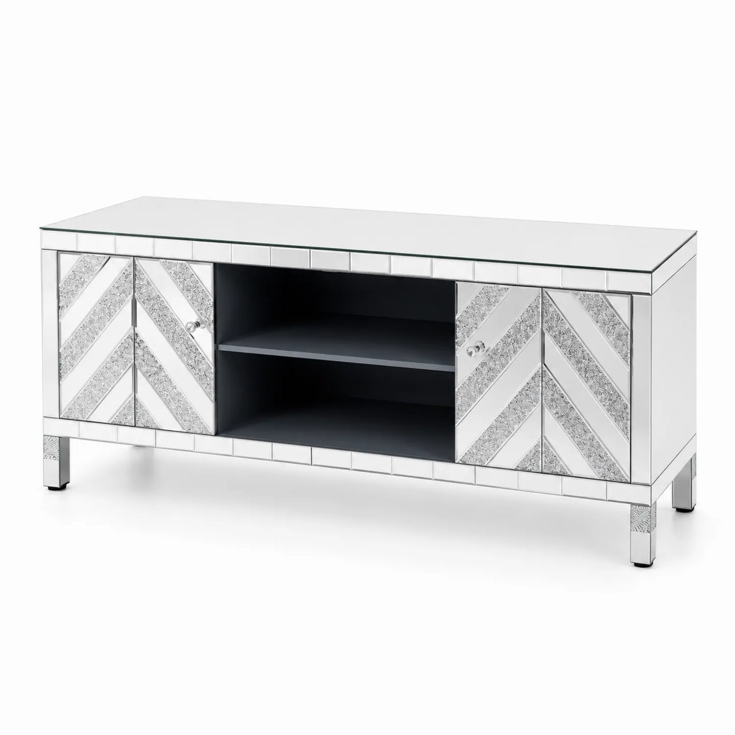 Silberner TV-Schrank mit Spiegelglas und 2 Türen, 120 cm