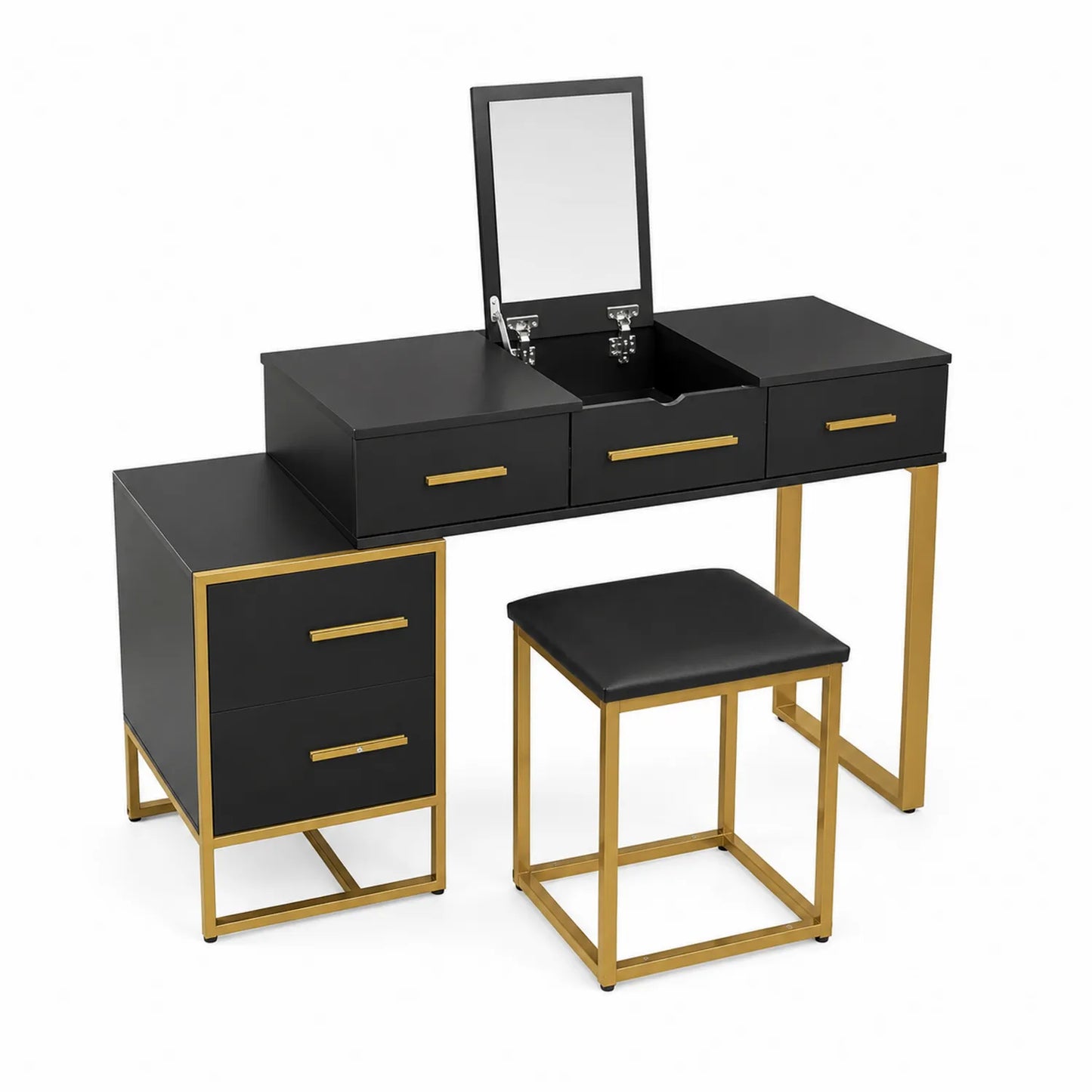 Schminktisch Set Holz Metall Schwarz Gold mit Spiegel