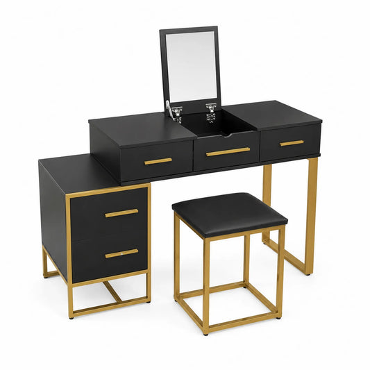 Schminktisch Set Holz Metall Schwarz Gold mit Spiegel