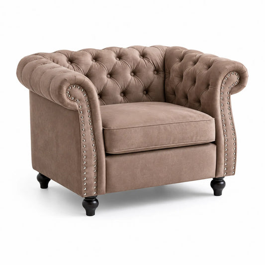 Chesterfield Sessel Braun Samt Holzrahmen 100x90x75cm