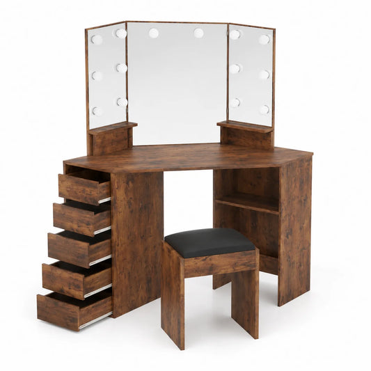 Eck-Schminktisch aus Holz mit Hocker und LED-Spiegel in Braun