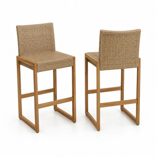 Barstuhl Set aus Akazienholz und Polyethylen-Rattan, Beige