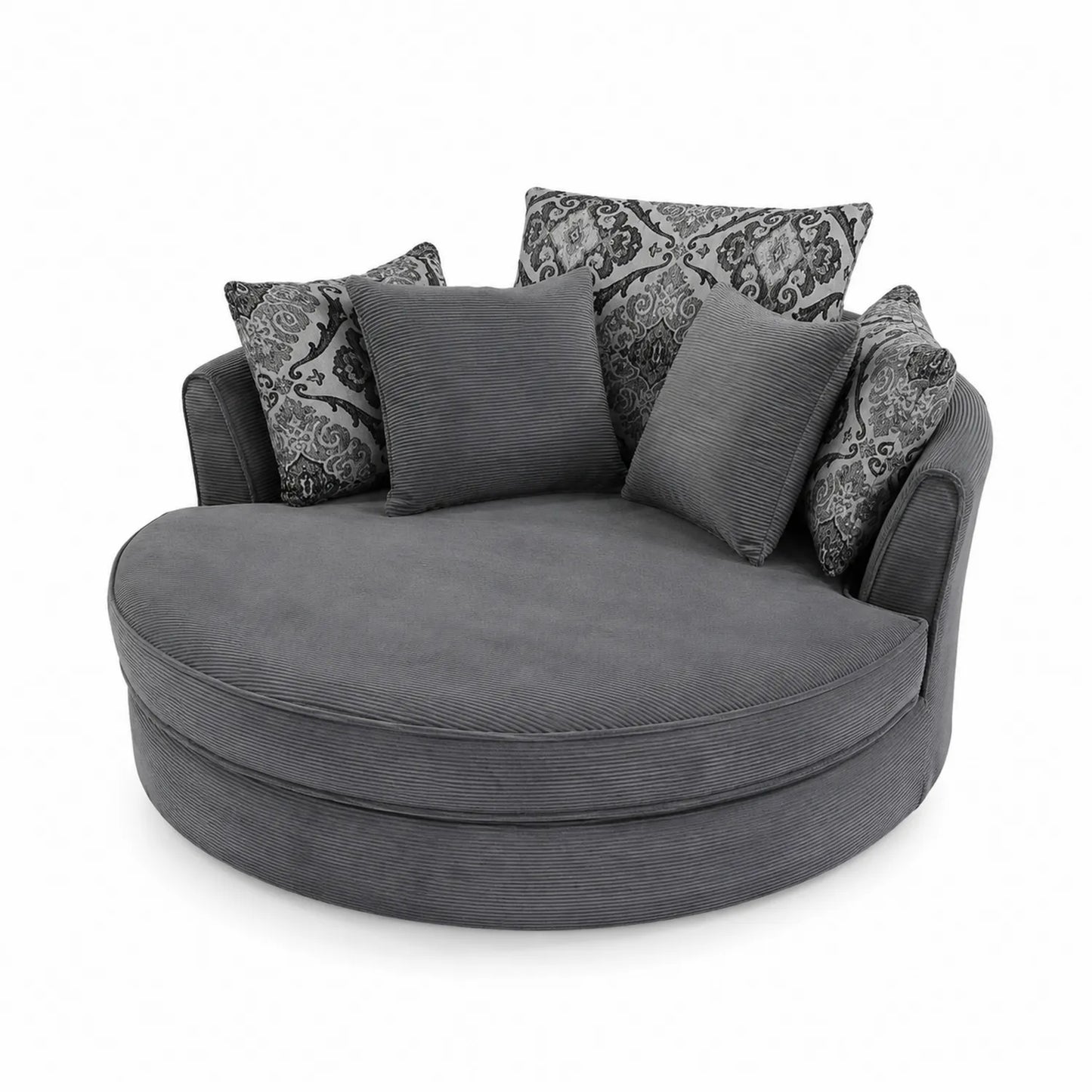 Rundes Sofa aus Grauem Cord mit Kissen 150 cm