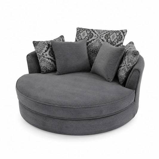 Rundes Sofa aus Grauem Cord mit Kissen 150 cm