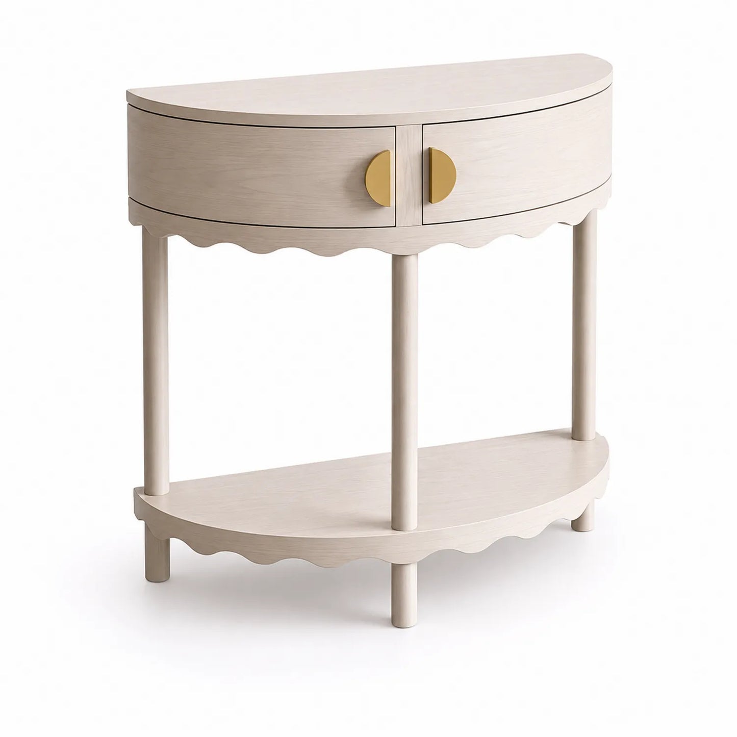 Halbrunder Holzkonsolentisch mit Regal und Schublade in Beige