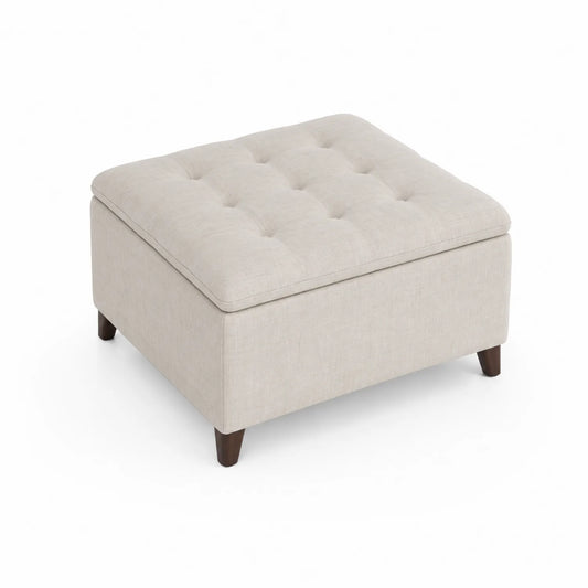 Quadratischer Hocker aus Leinen mit Holzbeinen Beige