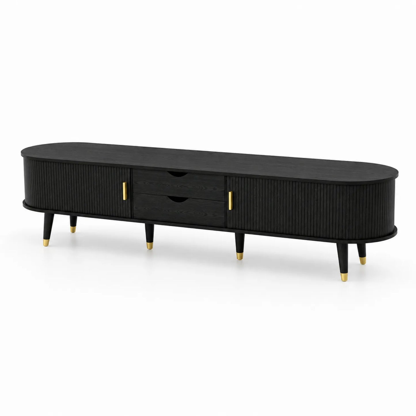Ovaler TV-Schrank Schwarz Holz mit Schubladen und Türen 200cm