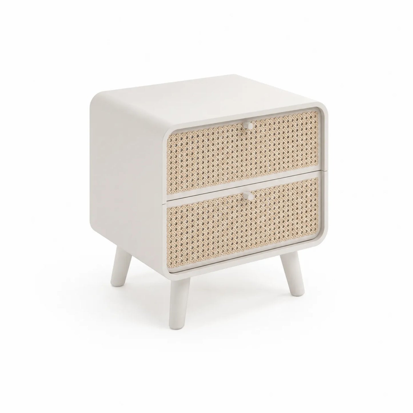 Nachttisch aus Massivholz mit 2 Geflecht-Schubladen Weiß/Beige