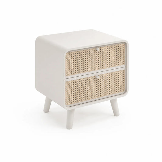 Nachttisch aus Massivholz mit 2 Geflecht-Schubladen Weiß/Beige