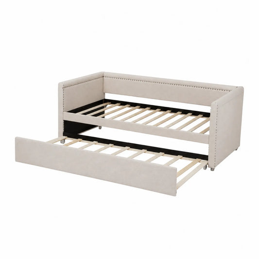 Tagesbett mit Ausziehbett Stoff Beige 200x90 cm