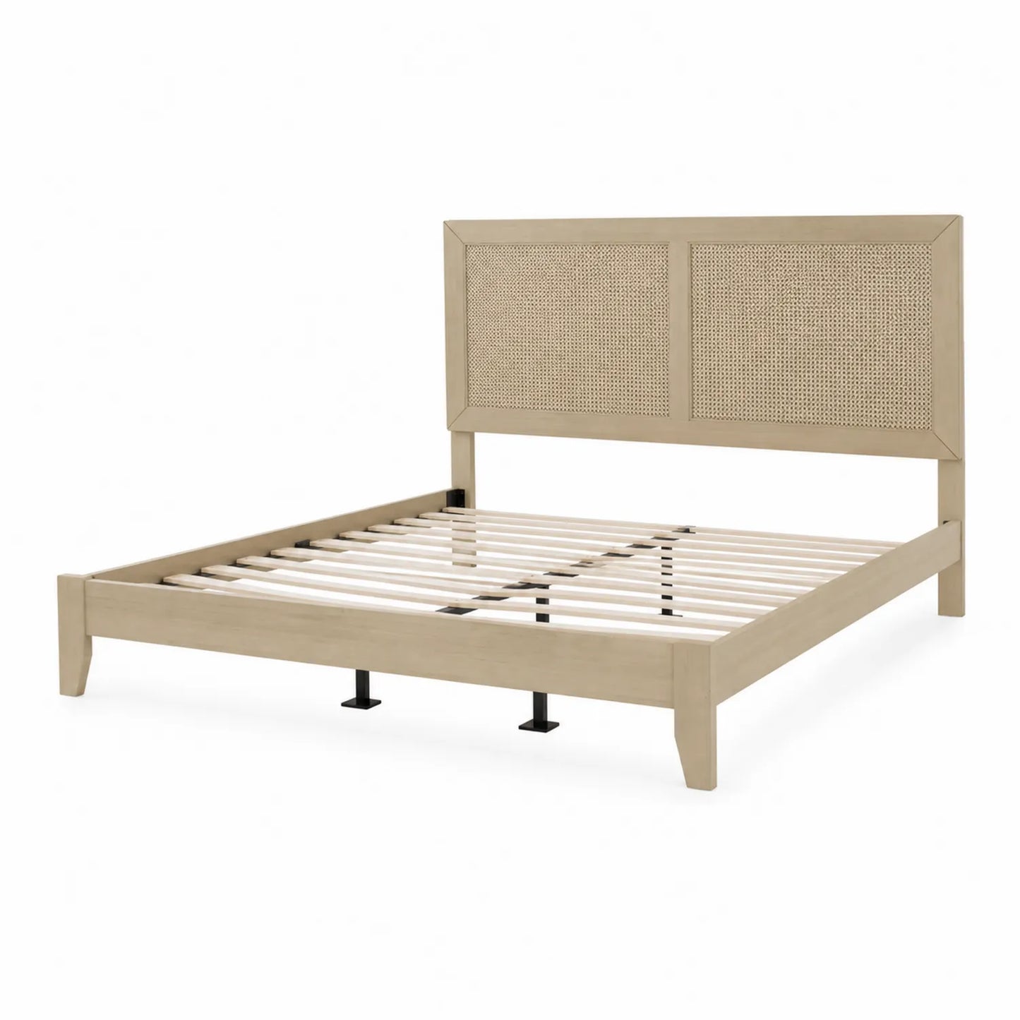 Holzbett mit Rattan-Kopfteil Beige 200x180 cm