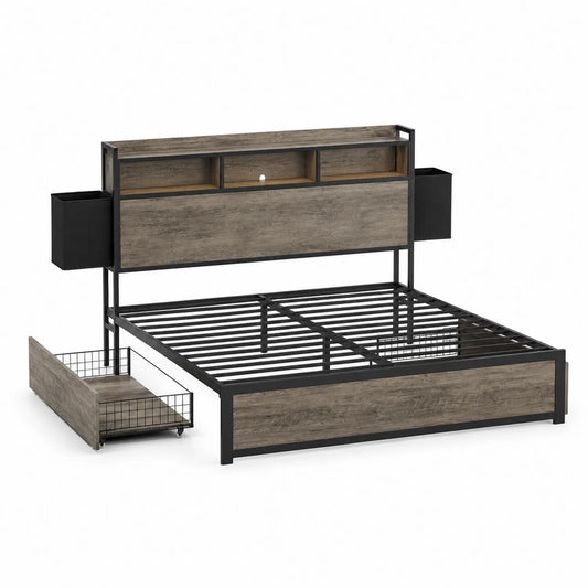 Metall-Doppelbett mit Kopfteilregal und Schubladen 160x200 cm