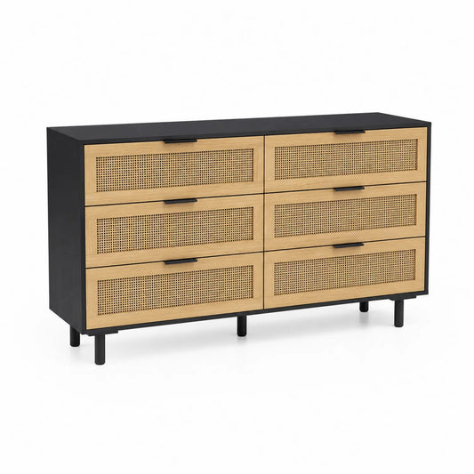 Kommode aus Holz und Rattan mit 6 Schubladen Schwarz/Natur