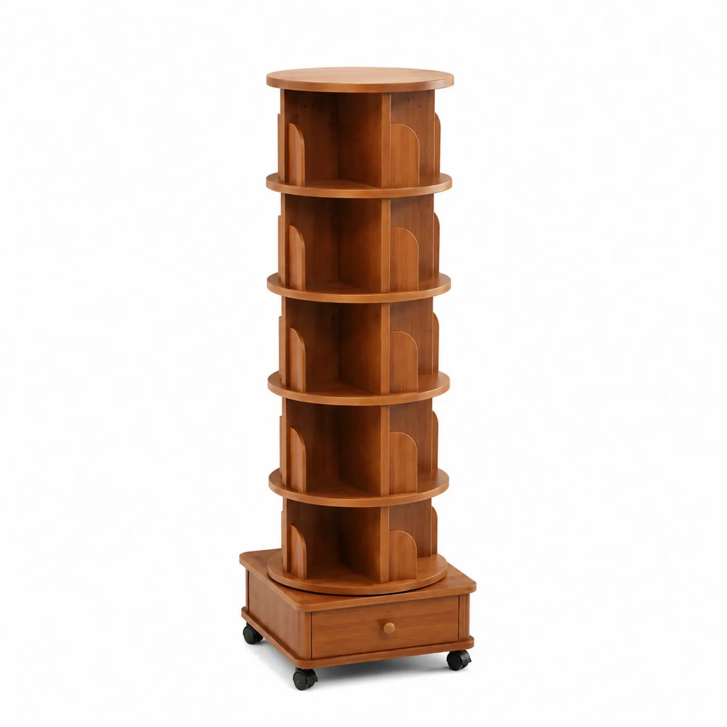 Rundes drehbares Bücherregal aus Holz mit Rollen und Schublade