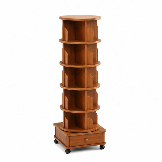 Rundes drehbares Bücherregal aus Holz mit Rollen und Schublade