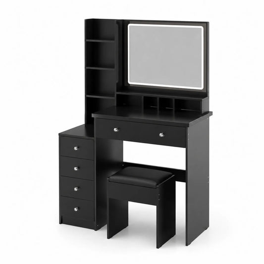 Schminktischset mit Spiegel und Hocker aus Holz in Schwarz