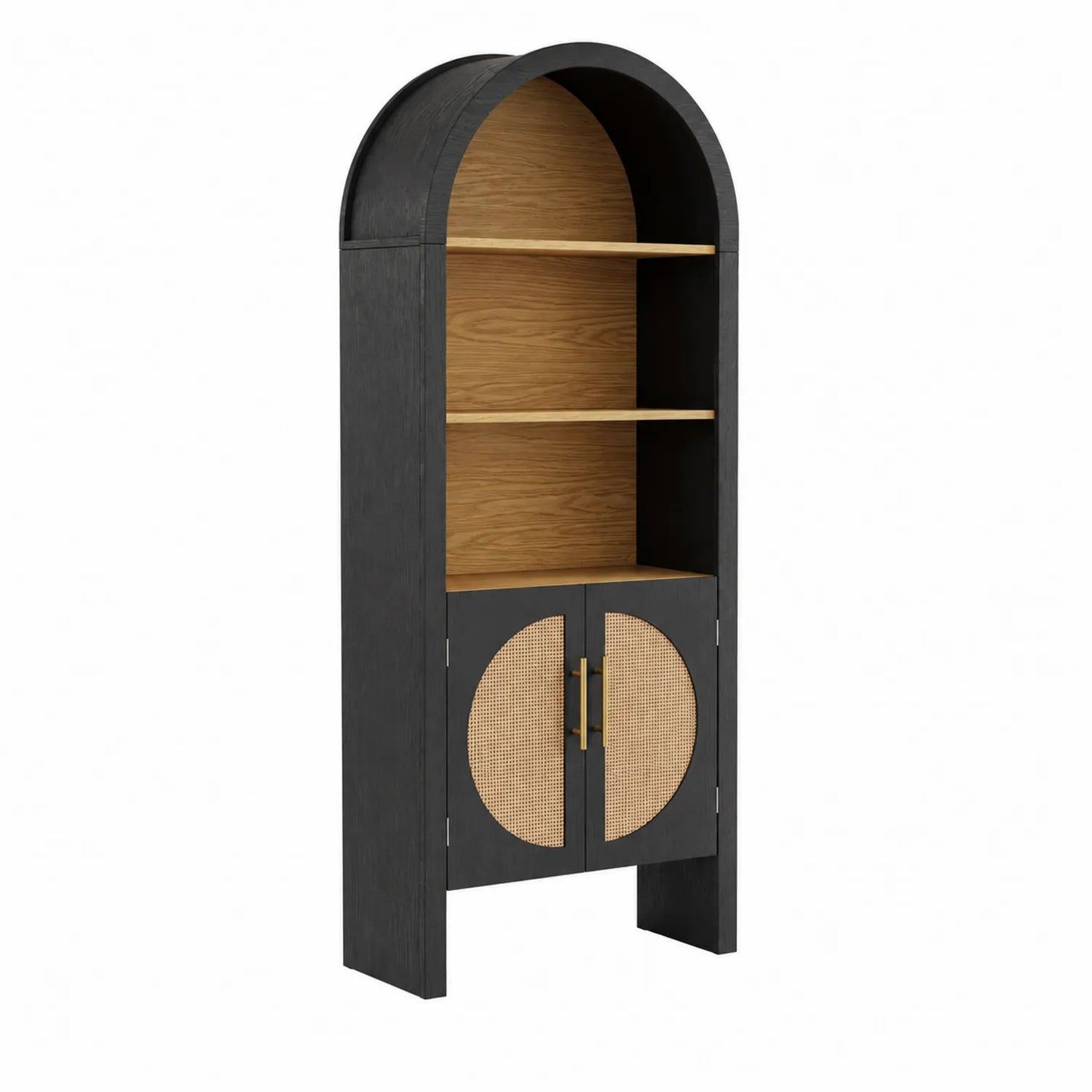 Holz Regal mit Rattan Türen Schwarz Naturtöne 180cm