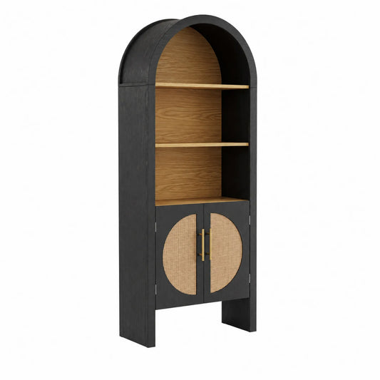 Holz Regal mit Rattan Türen Schwarz Naturtöne 180cm