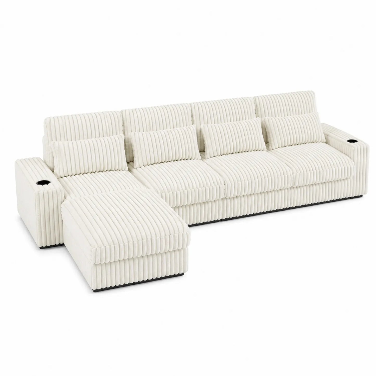 Ecksofa mit Chaiselongue Cremeweiß Cordstoff