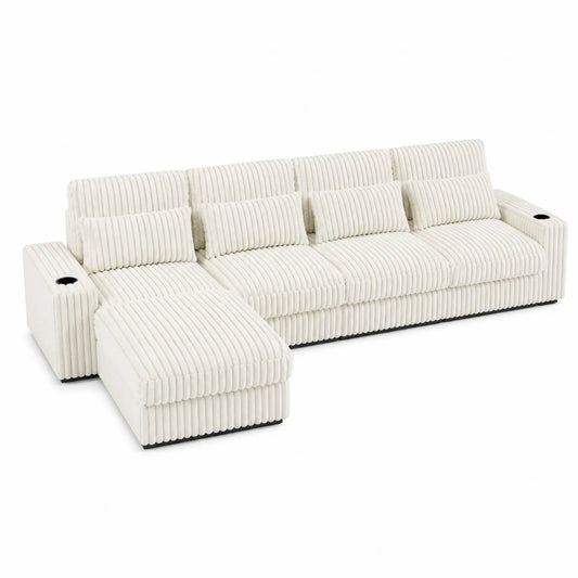 Ecksofa mit Chaiselongue Cremeweiß Cordstoff