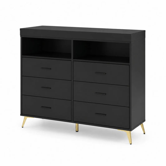 Schwarze MDF-Kommode mit Schubladen und offenen Fächern, Metallbeine, 120x40x95 cm